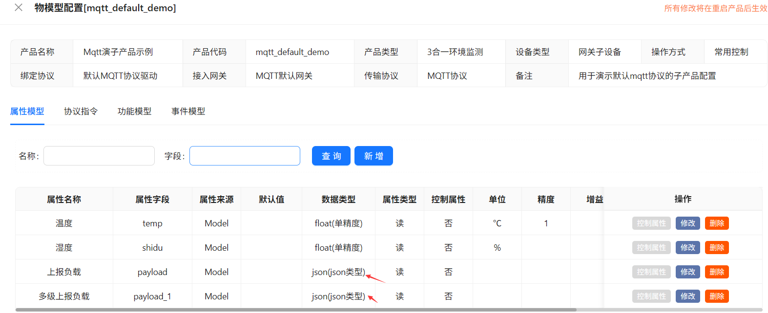 mqtt协议物模型属性